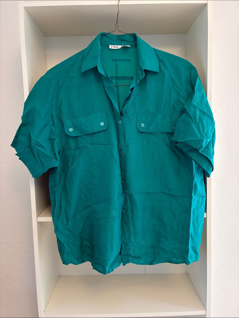 Teal Short-Sleeve Silk Button-Down Shirt